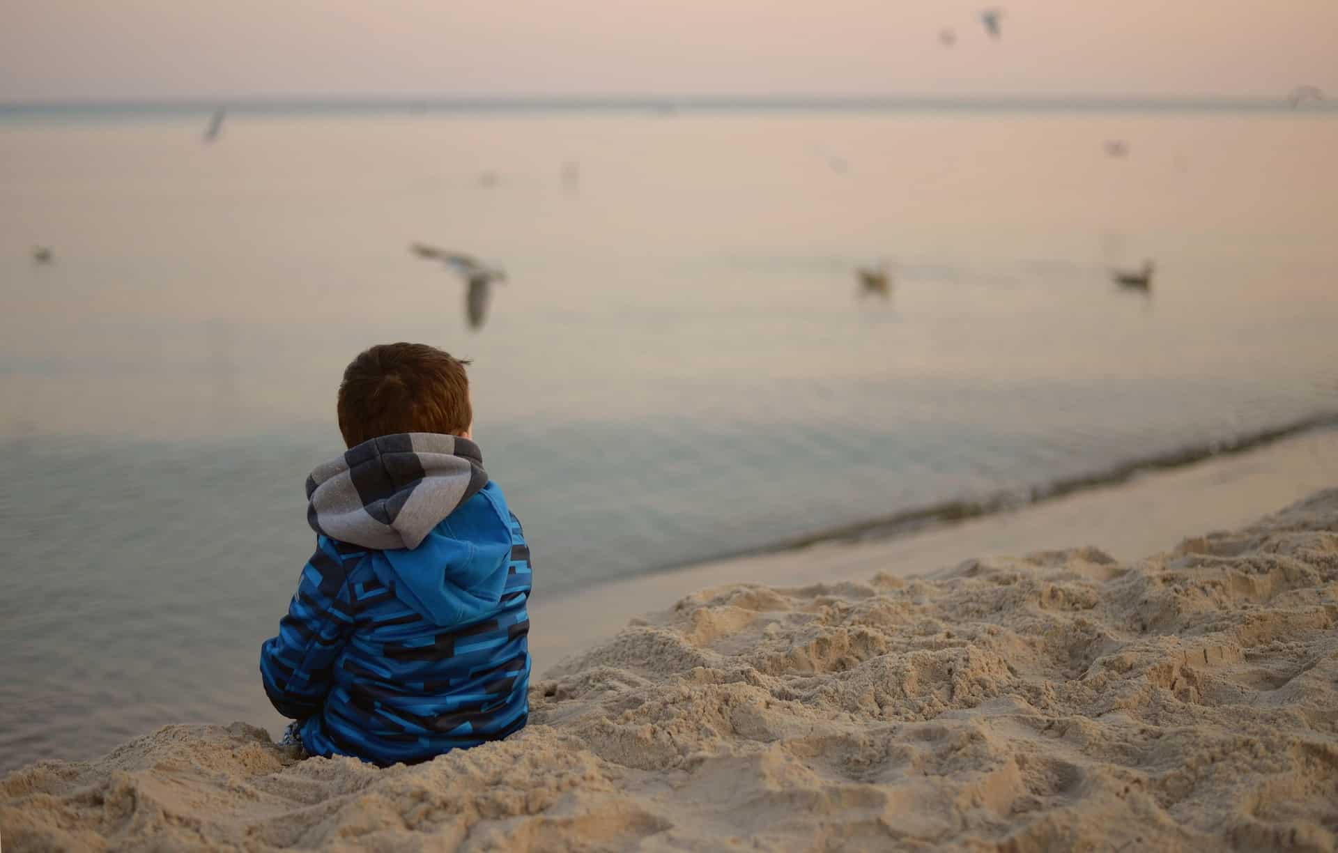 Child sits on beach, facing water with birds
