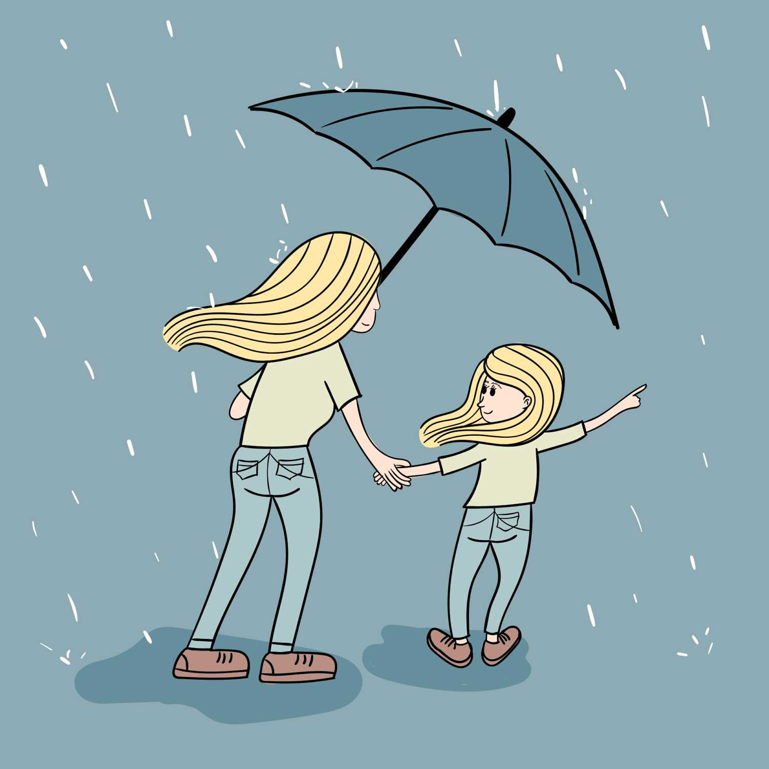 Illustration of woman holding umbrella, holding hands with young girl in rain