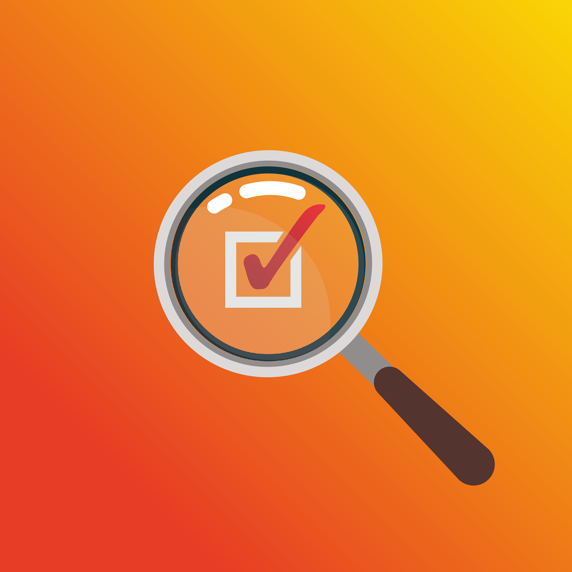 Illustration of magnifying glass looking at check box on orange background