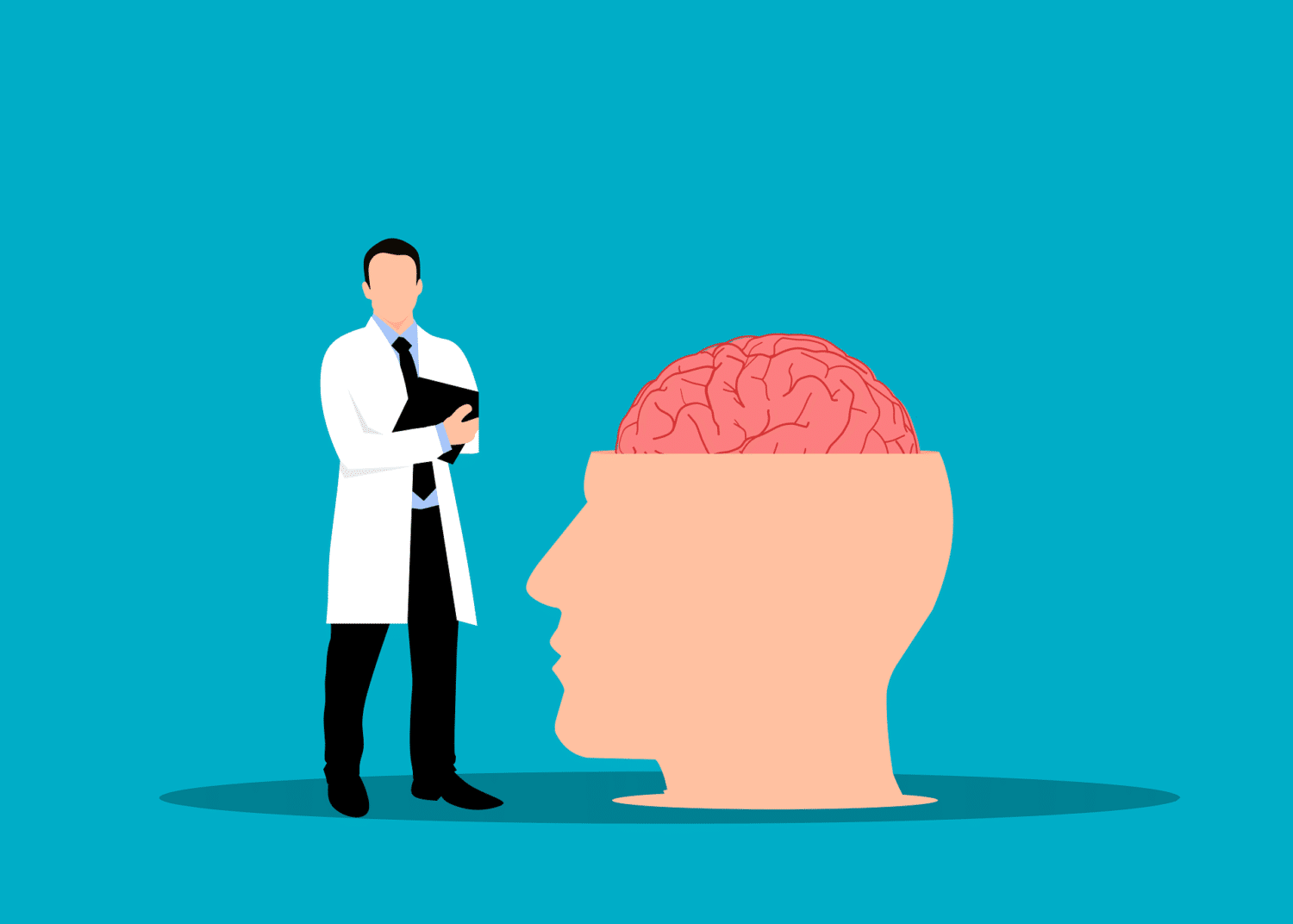Drawing of person in lab coat standing next to oversized human head with brain