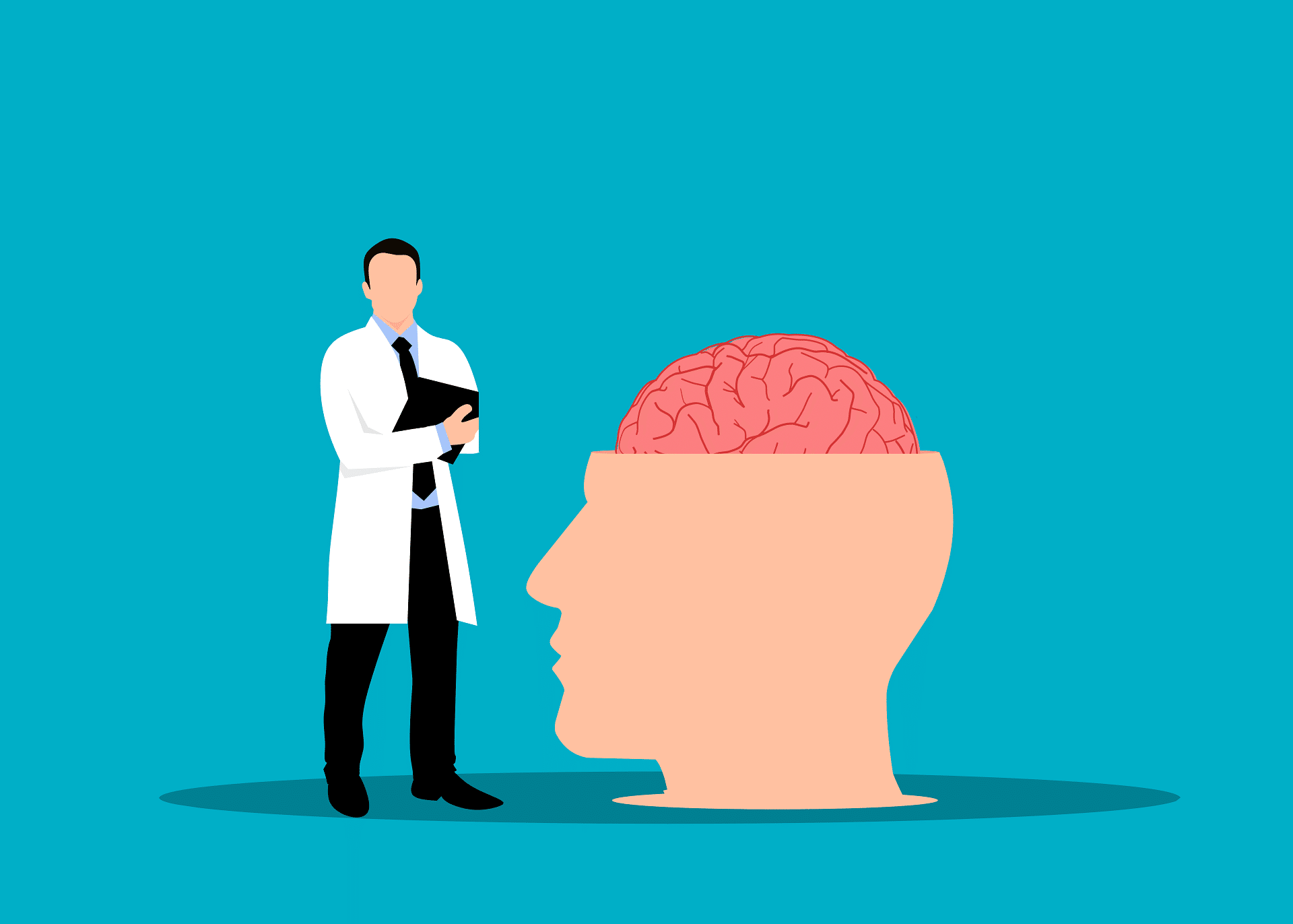 Drawing of person in lab coat standing next to oversized human head with brain