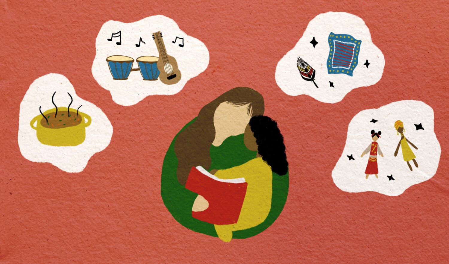 Illustration of mom reading to girl surrounded by tokens of cultural expression