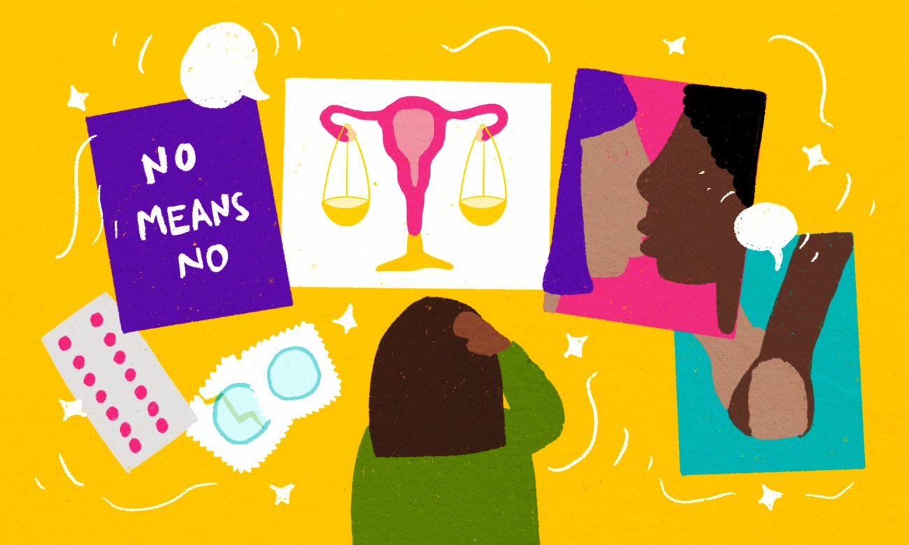 Illustration of girl surrounded by sex education materials