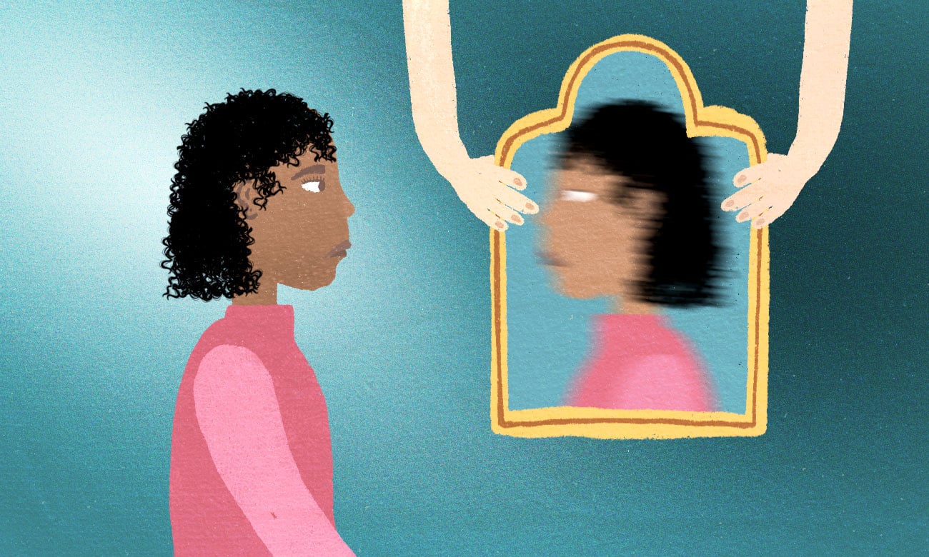 Illustration of Black or brown girl seeing blurry reflection of herself in mirror being held by white hands
