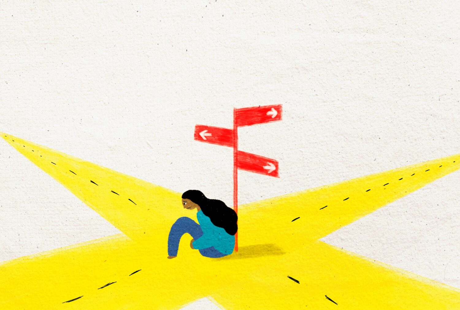 Illustration of girl sitting at a crossroads