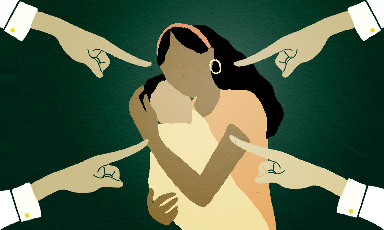 Illustration of young mom holding baby, four hands pointing fingers at them