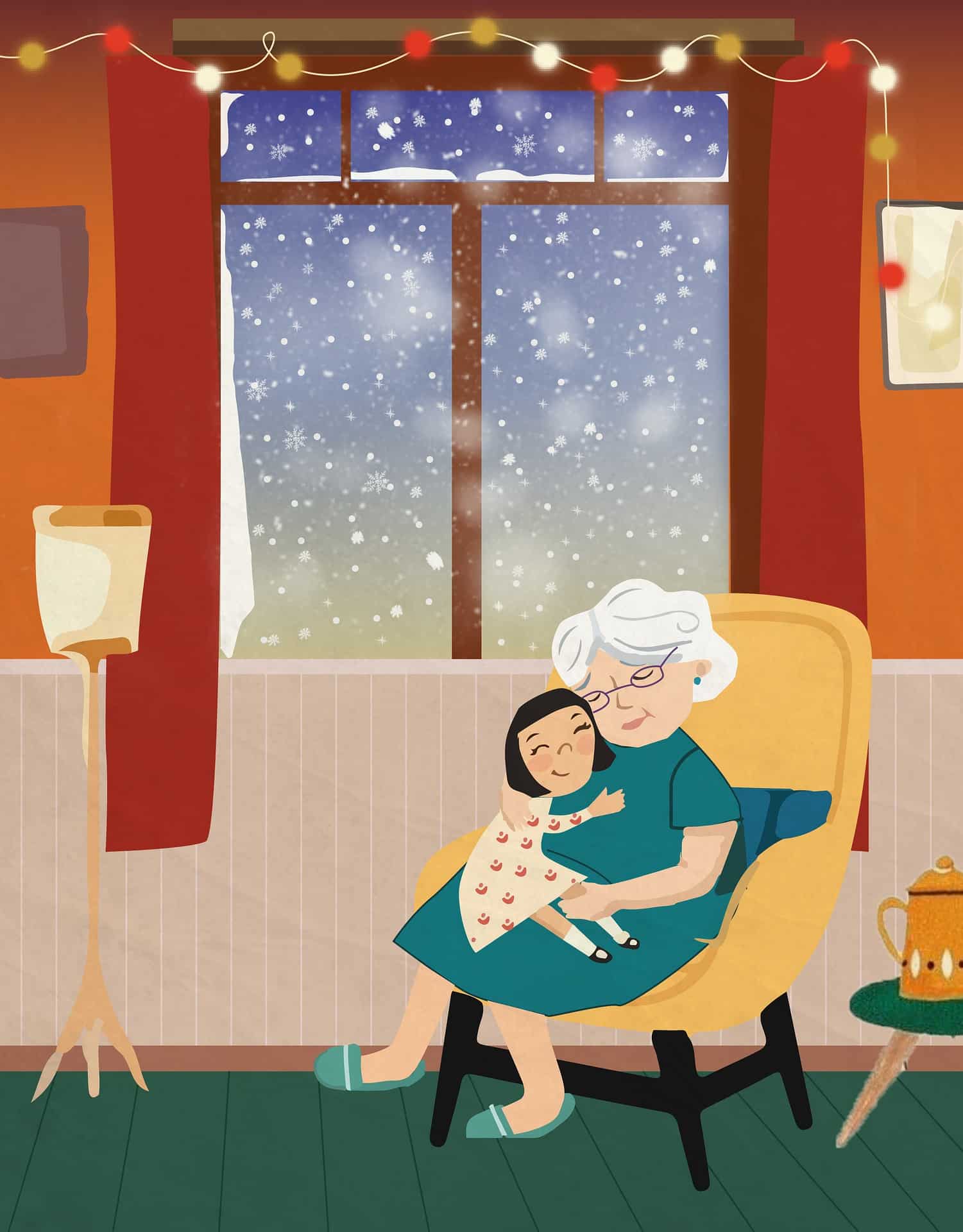 Illustration of child sitting on grandmother's lap in cozy home setting