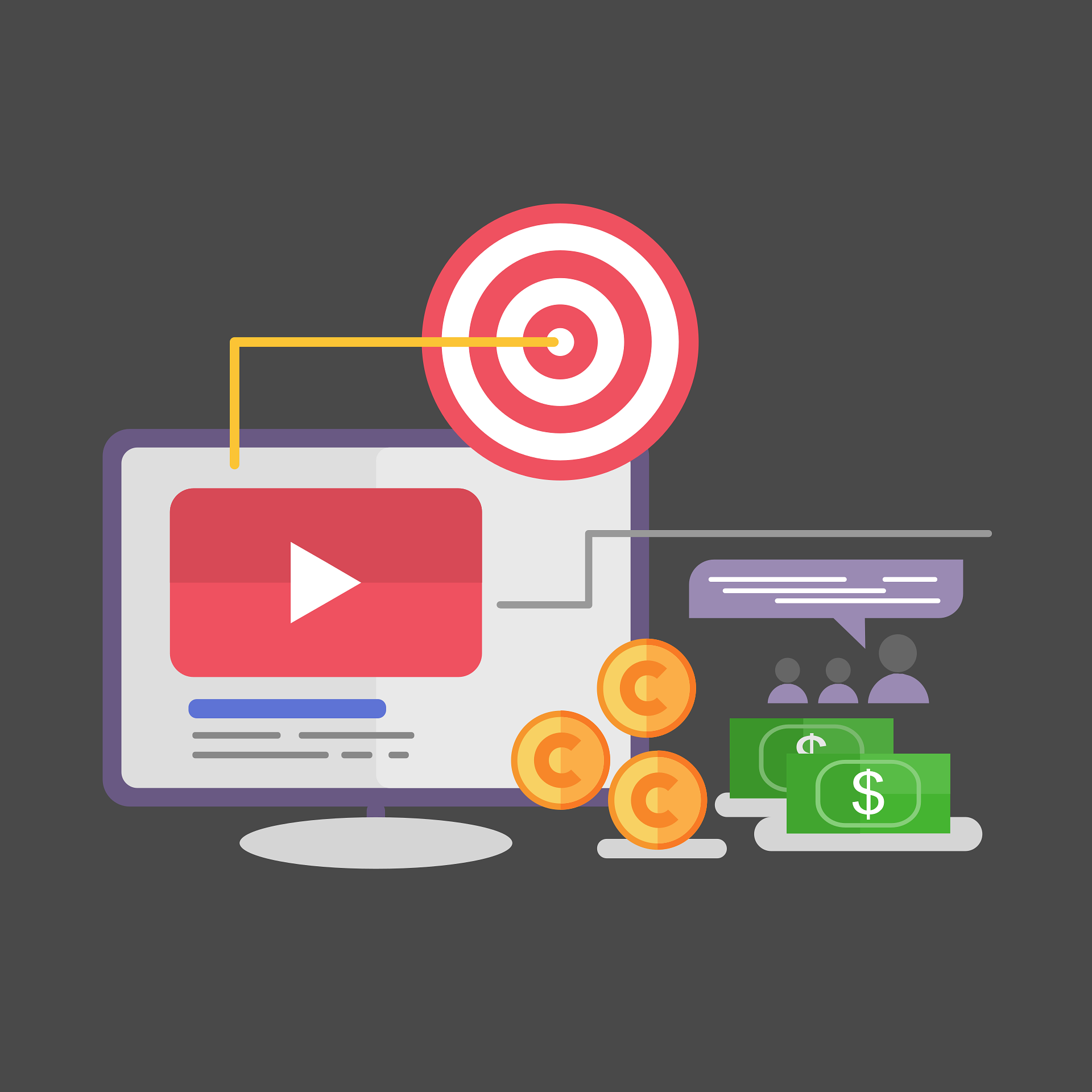 Illustration of computer screen, bullseye, money, people talking