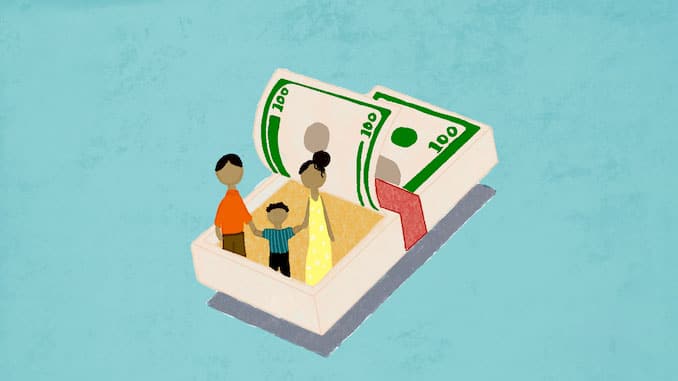 Illustration of a family floating in a raft made of money