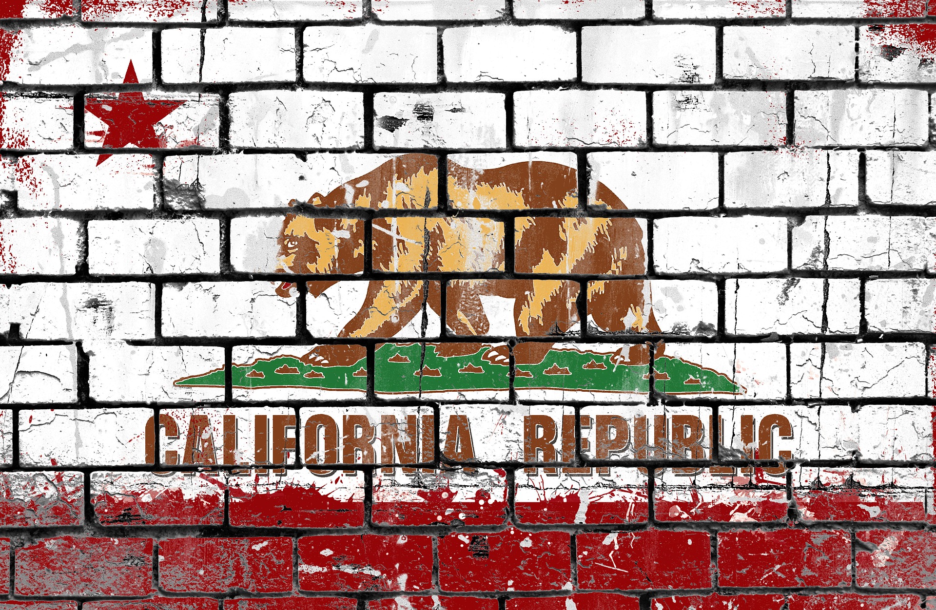 California state flag painted on brick wall