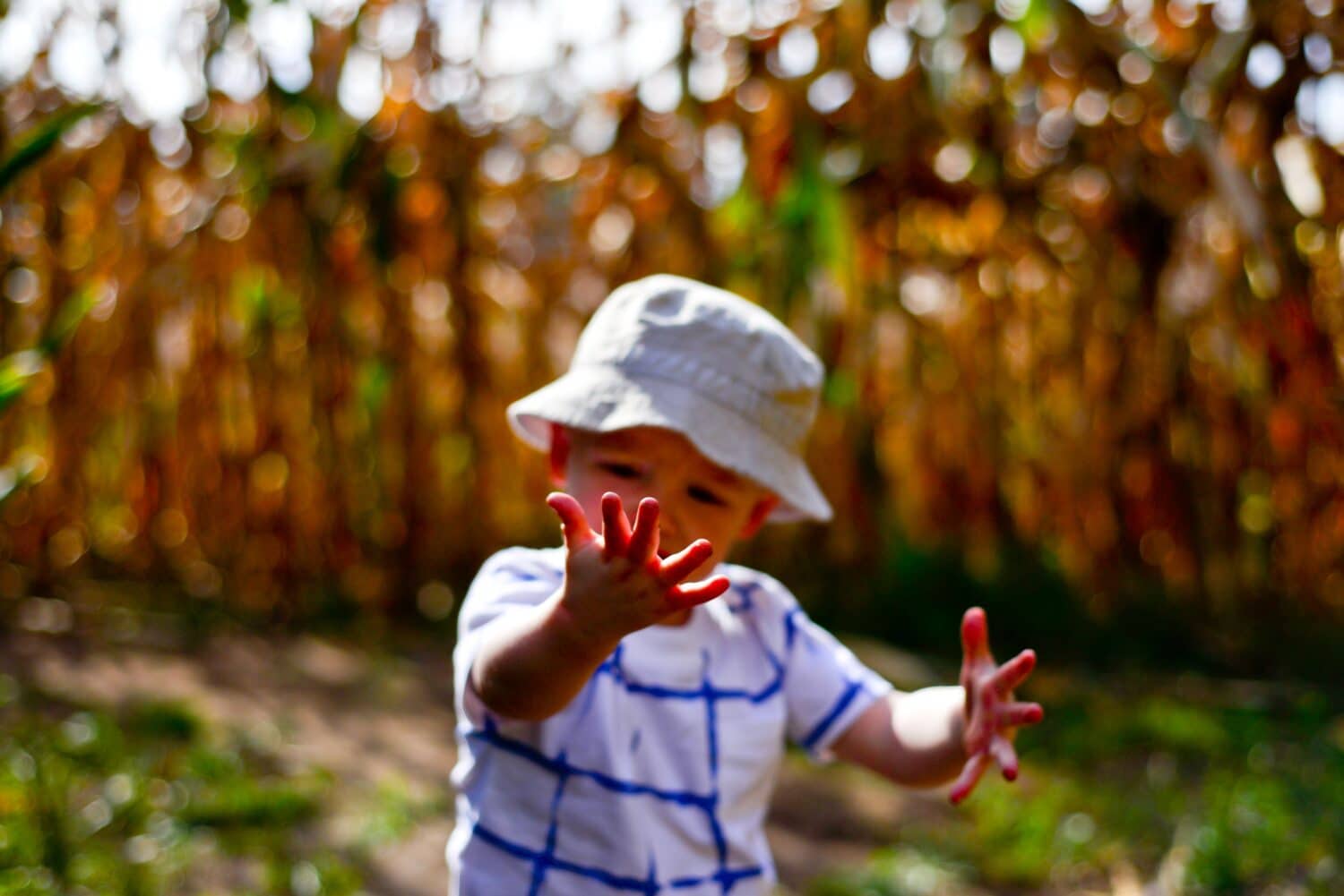Small child in a bucket hat holding hands out