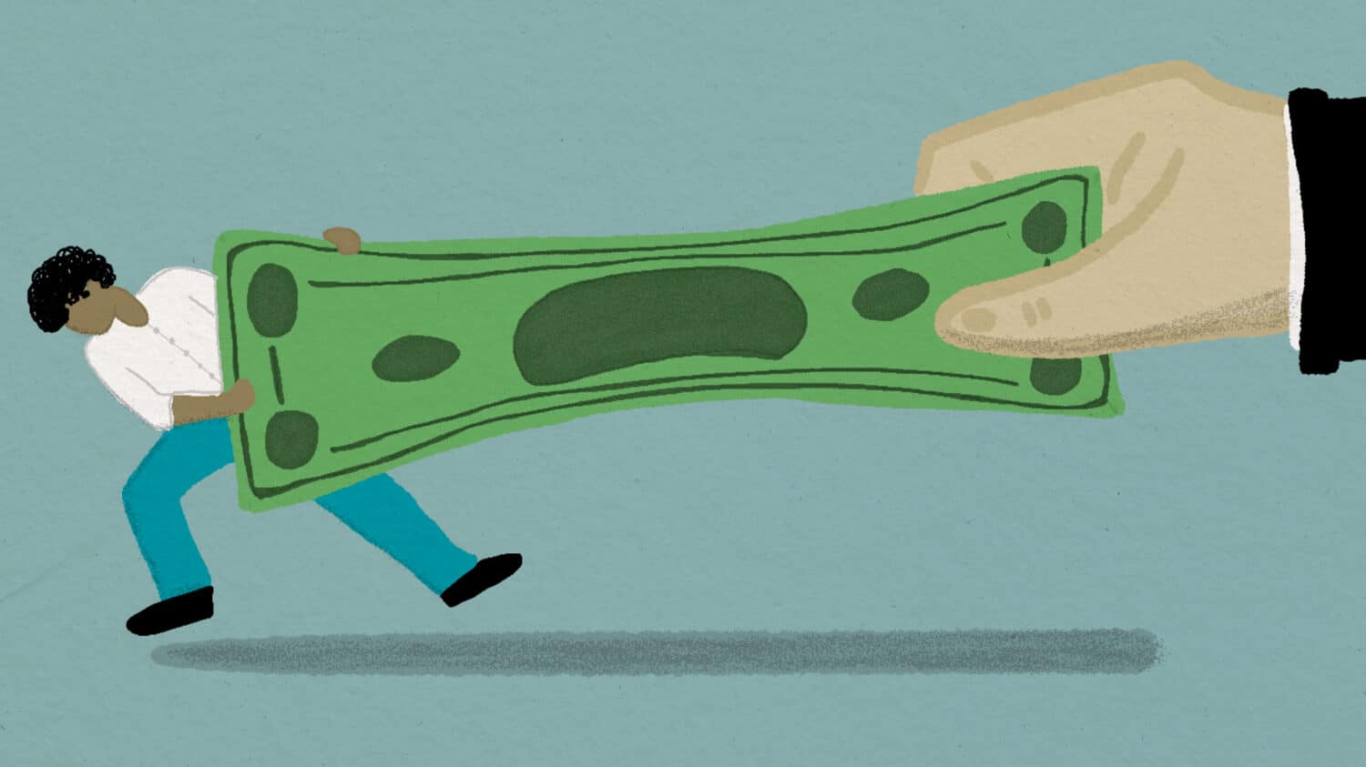 Illustration showing hand pulling oversized dollar from struggling person